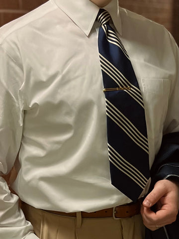 Ivy League - Vintage Silk Warm Navy Blue Necktie with Clay Beige Stripes