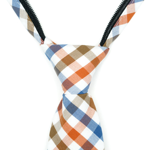 Picnic - Orange, Blue, Brown, White Gingham Long Zipper Tie
