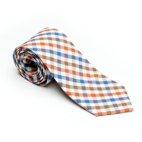 Picnic - Orange, Blue, Brown, White Gingham Long Necktie