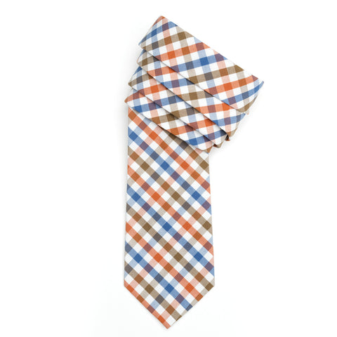 Picnic - Orange, Blue, Brown, White Gingham Long Necktie