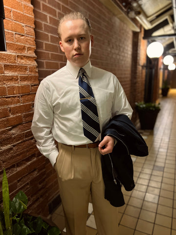 Ivy League - Vintage Silk Warm Navy Blue Necktie with Clay Beige Stripes