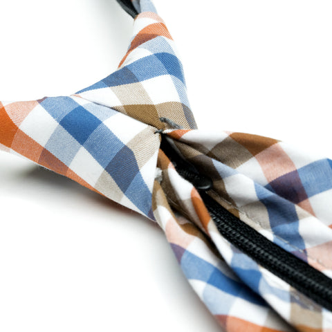 Picnic - Orange, Blue, Brown, White Gingham Zipper Tie