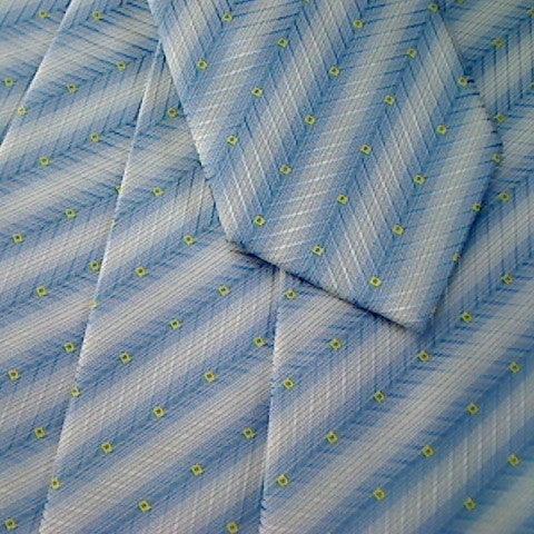 Blue Striped Necktie With White Stripes and Yellow Square Design