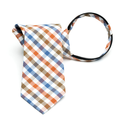 Picnic - Orange, Blue, Brown, White Gingham Zipper Tie